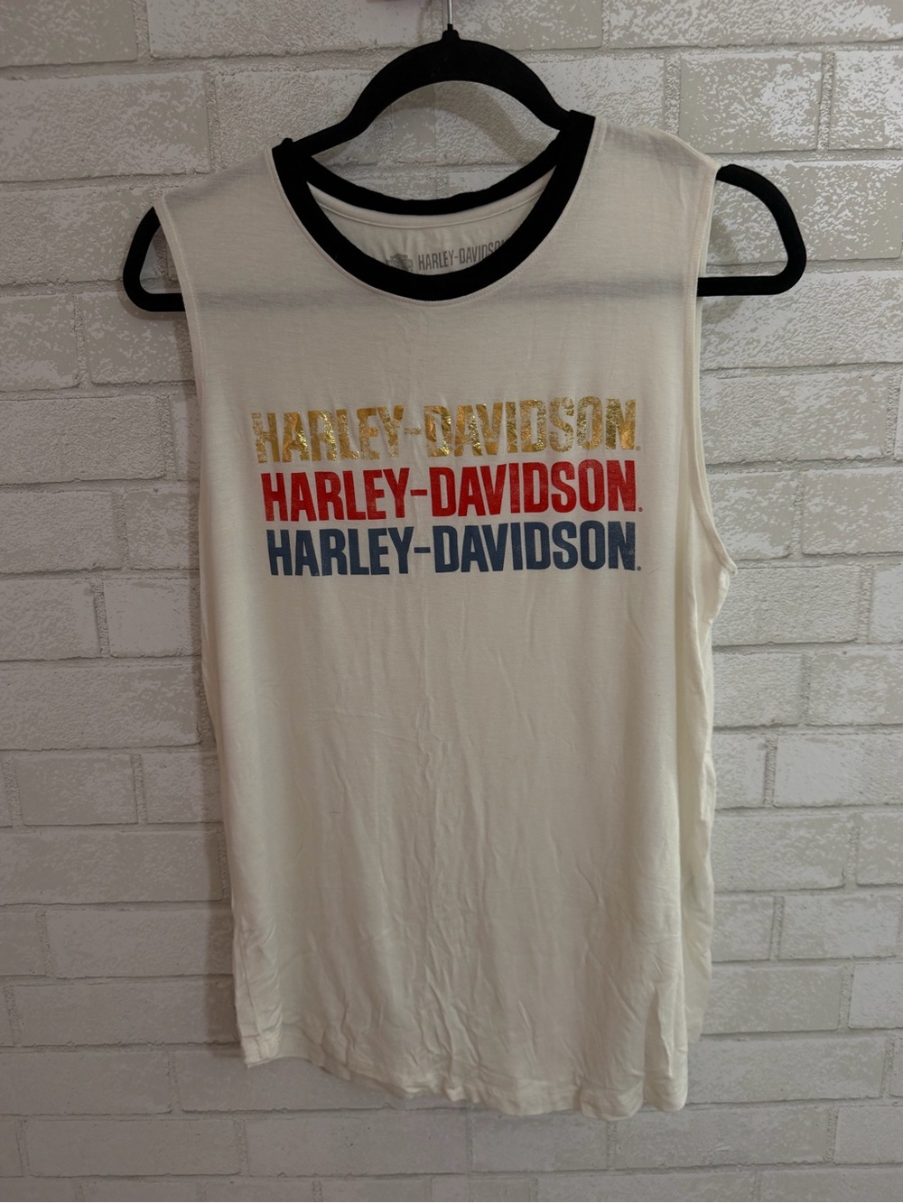Harley-Davidson White Muscle Tee with Gold, Red & Blue Logo #3126